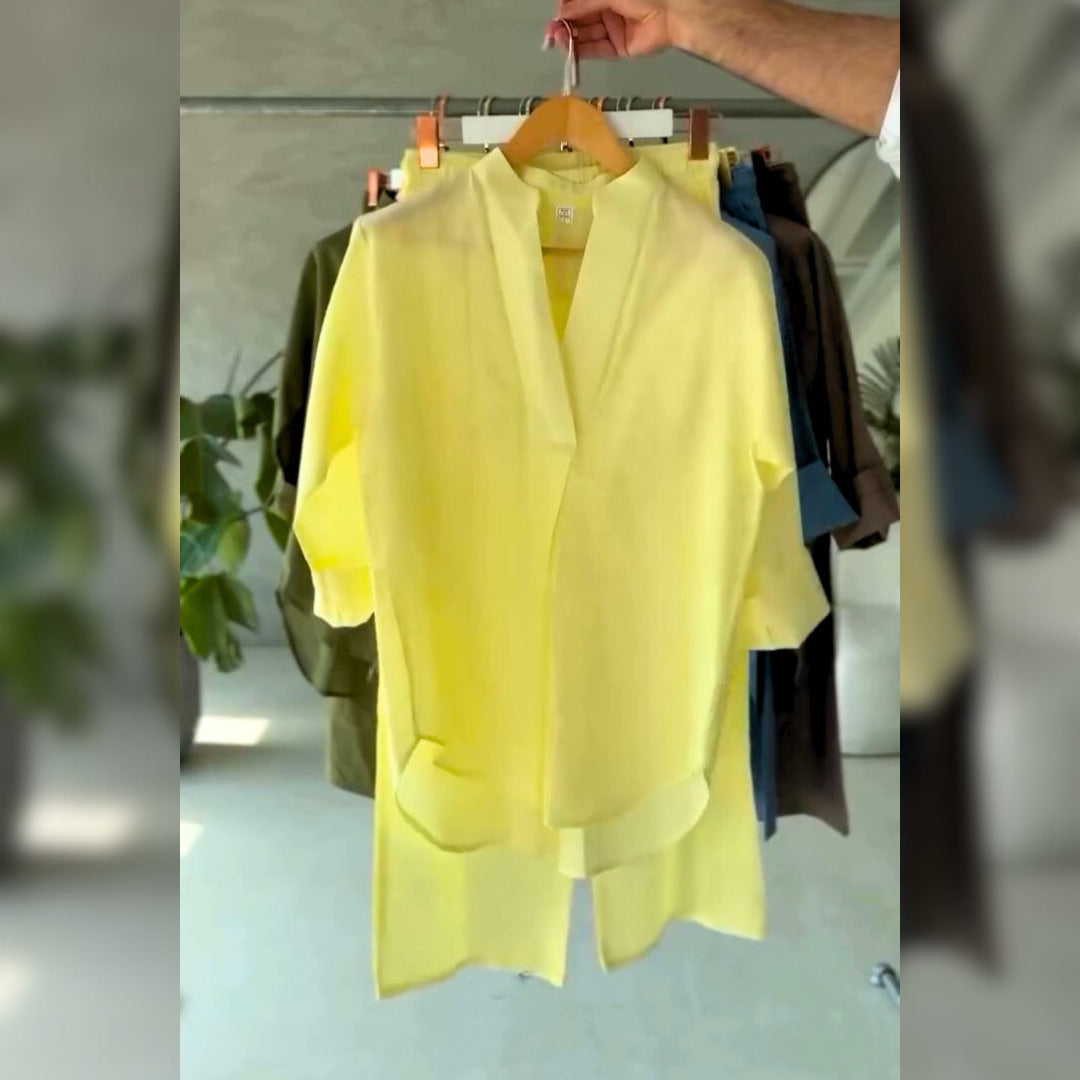 Women's V-Neck Pure Cotton Stuff  Shirt & Trouser Set