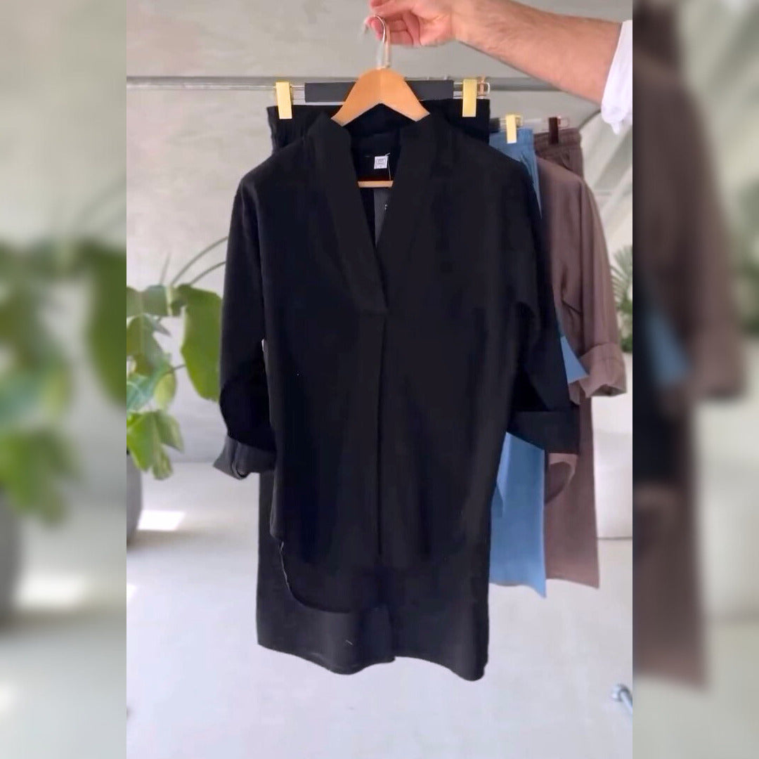 Women's V-Neck Pure Cotton Stuff  Shirt & Trouser Set