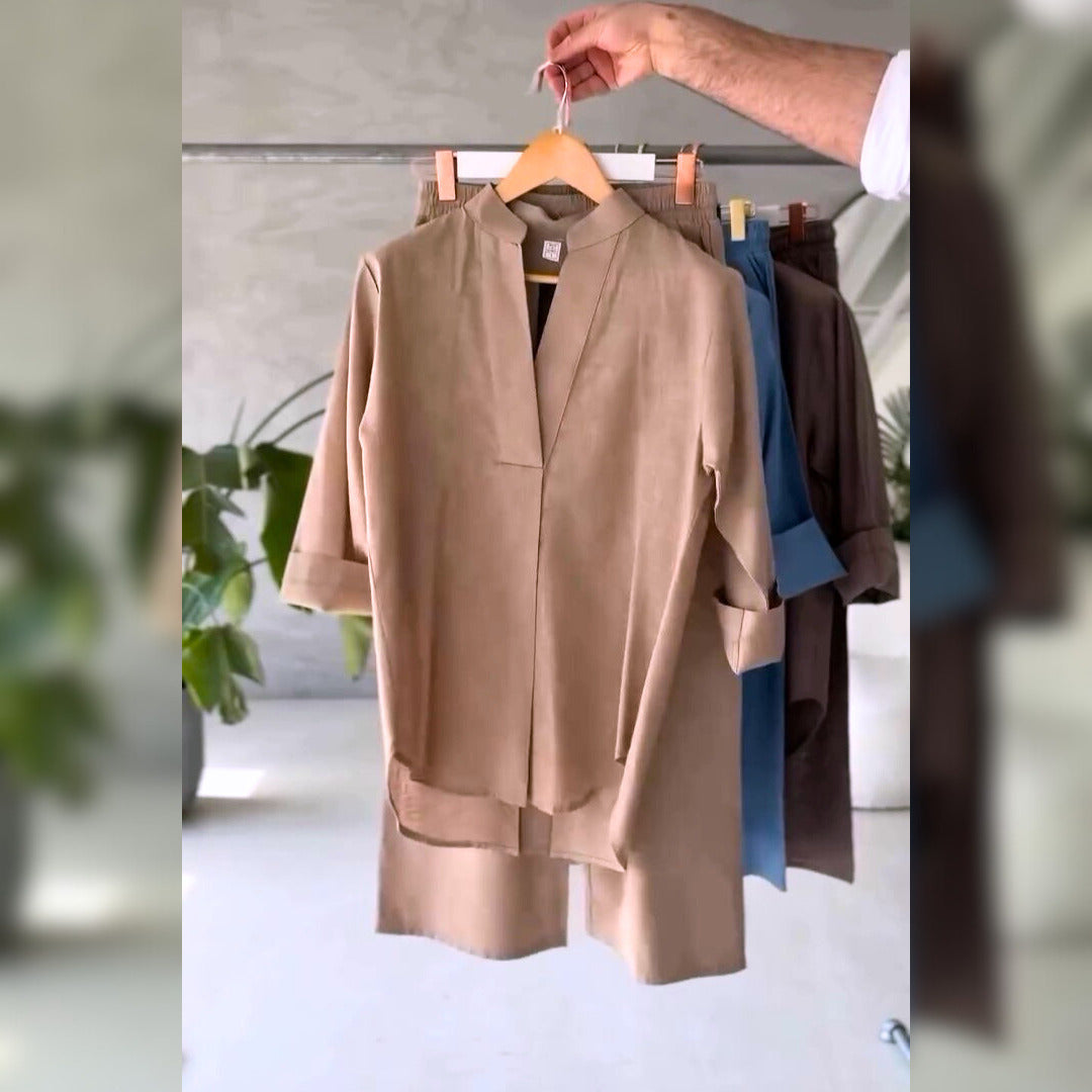 Women's V-Neck Pure Cotton Stuff  Shirt & Trouser Set