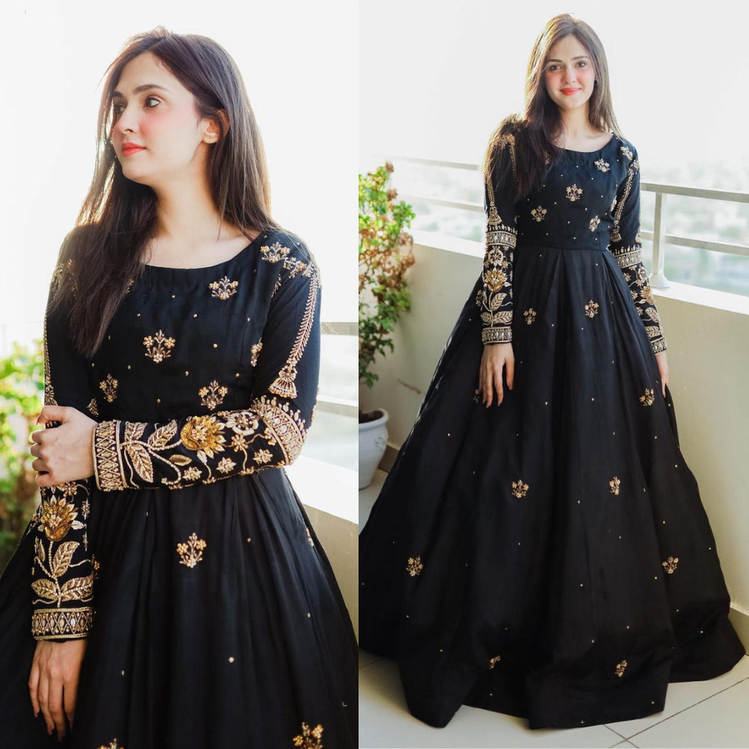 Stitched Party Wear Sequins Embroidered Maxi with Plain Trouser 2-Piece