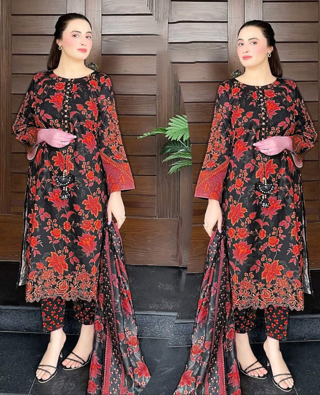 ❤️Front And Back Allover Digital Printed Handwork Shirt With Flapper Cord Set 3Pcs😍
