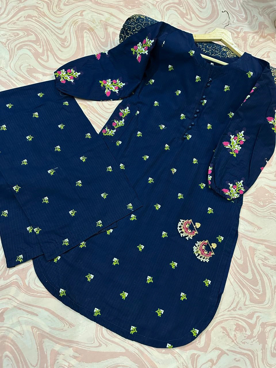 Bouti Embroidered Round Shirt with Embroidered Flapper 2PCs