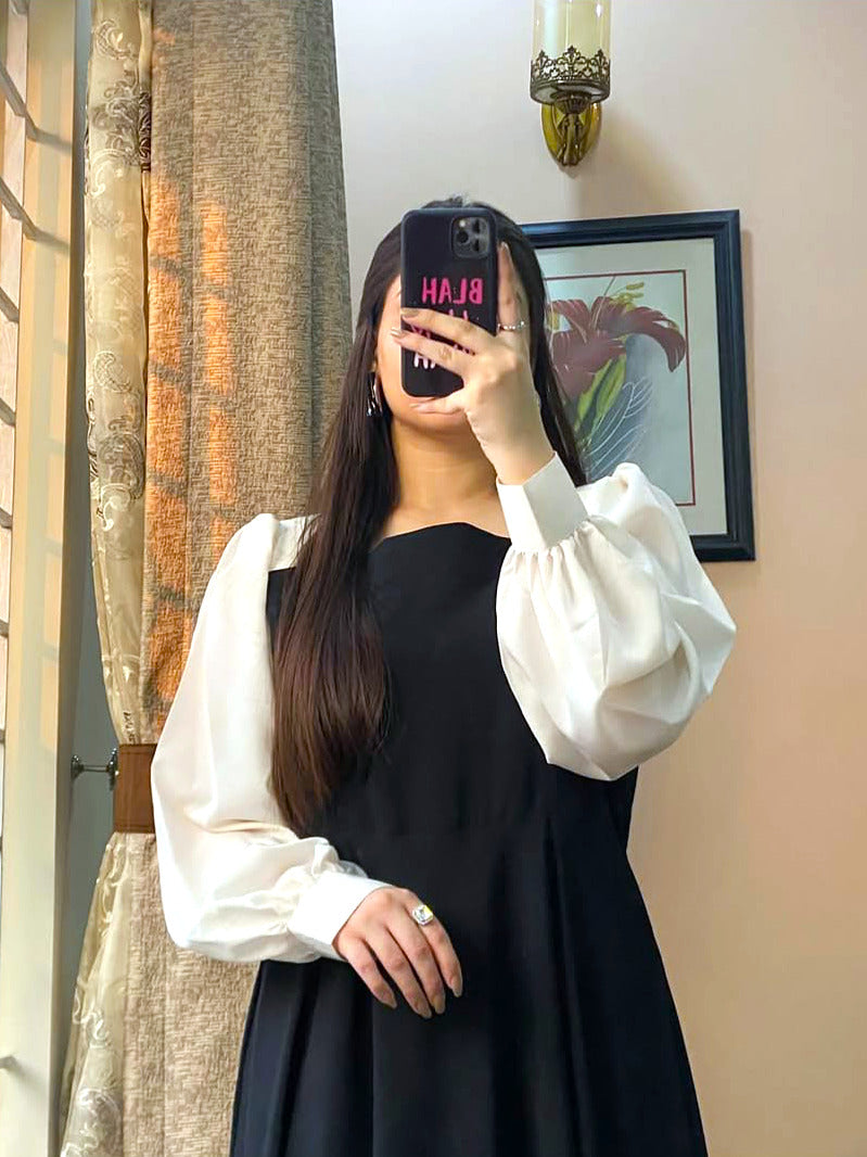 Platted Black Maxi with White Sleeves