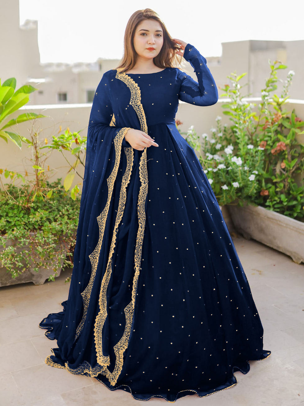 Pearls With Lace Work Long Flare Maxi with Embroidered and Pearls Dupatta and Trouser 3PCs