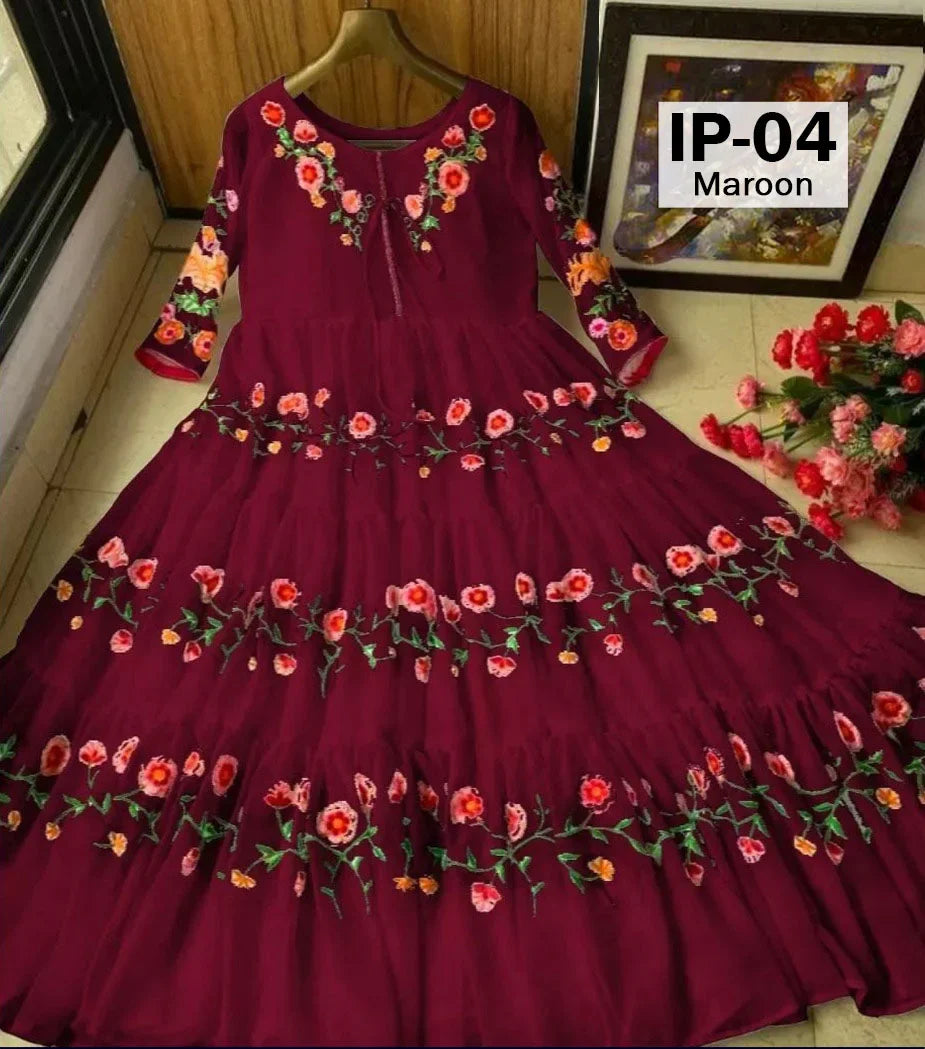 Stitched Party Wear Bell Embroidered Panel Style Long Frock 1-Piece