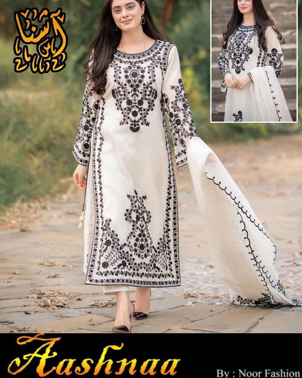 Neck,Sleeves,Daman Embroidered Shirt With Fully Embroidered Dupatta 3Pcs