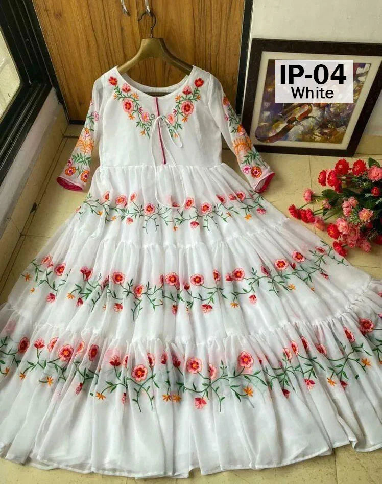 Stitched Party Wear Bell Embroidered Panel Style Long Frock 1-Piece