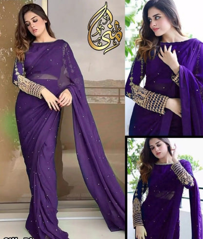 Stiched Pearls Embroidered Saree With Petticoat And Blouse (3 Colour)