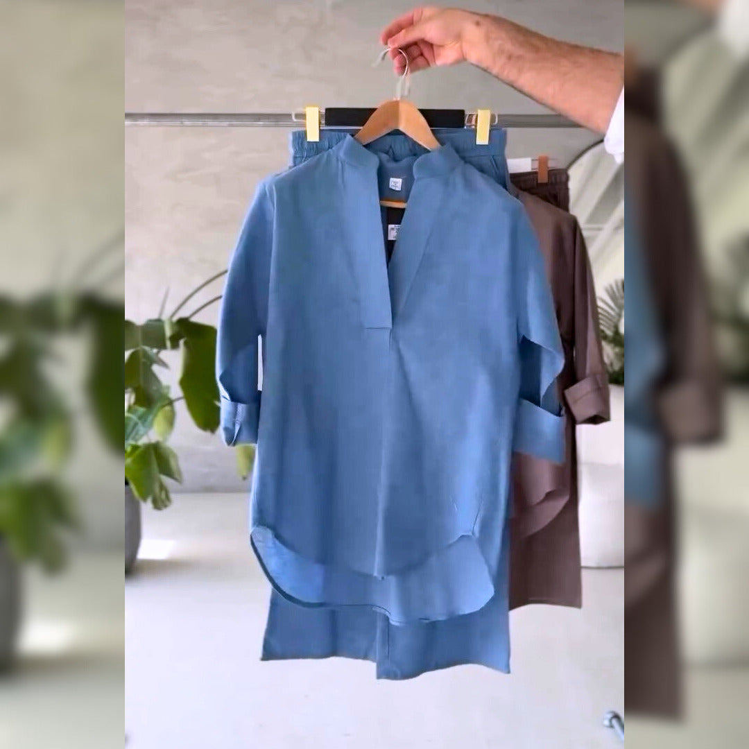 Women's V-Neck Pure Cotton Stuff  Shirt & Trouser Set