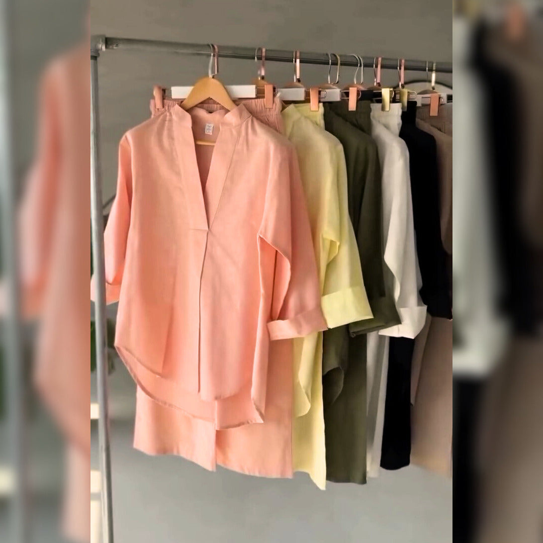 Women's V-Neck Pure Cotton Stuff  Shirt & Trouser Set