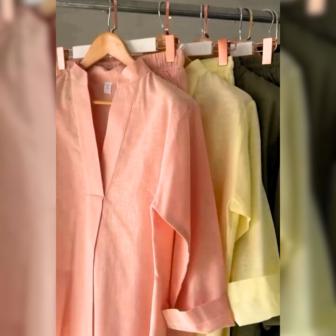 Women's V-Neck Pure Cotton Stuff  Shirt & Trouser Set