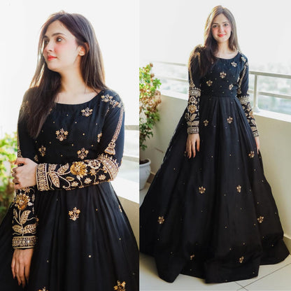 Stitched Party Wear Sequins Embroidered Maxi with Plain Trouser 2-Piece