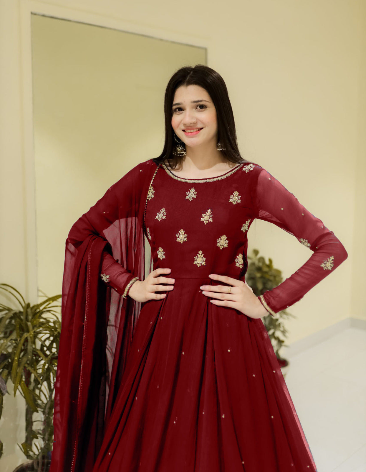 Neck &amp; Sleeves Sequence Embroidered with Lace and front &amp; Back Pearls Attached &nbsp;Maxi with Pearls Dupatta 3PCs