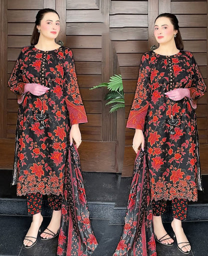 ❤️Front And Back Allover Digital Printed Handwork Shirt With Flapper Cord Set 3Pcs😍