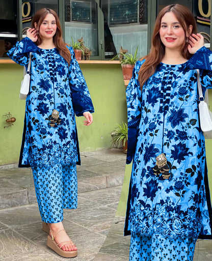 ❤️Front And Back Allover Digital Printed Handwork Shirt With Flapper Cord Set 3Pcs😍