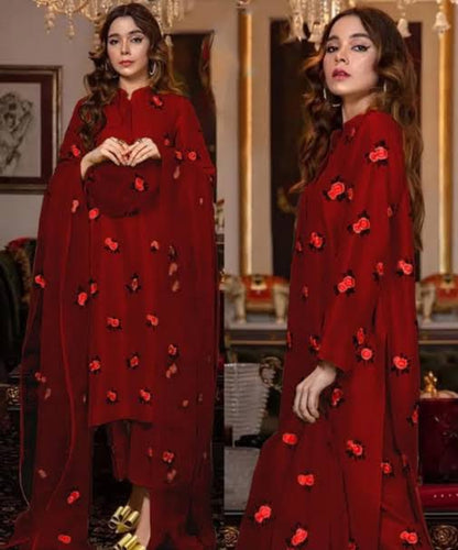 Rose Embroidery Shirt and Trousrt with Embroidered Dupatta 3PCs