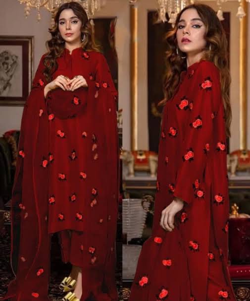 Rose Embroidery Shirt and Trousrt with Embroidered Dupatta 3PCs