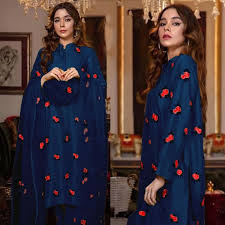 Rose Embroidery Shirt and Trousrt with Embroidered Dupatta 3PCs