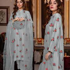 Rose Embroidery Shirt and Trousrt with Embroidered Dupatta 3PCs