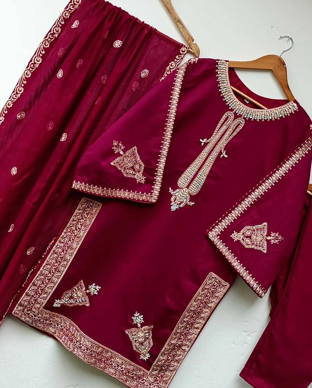 Neck, Daman and Sleeves Embroidered Shirt with Embroidered Dupatta 3PCs