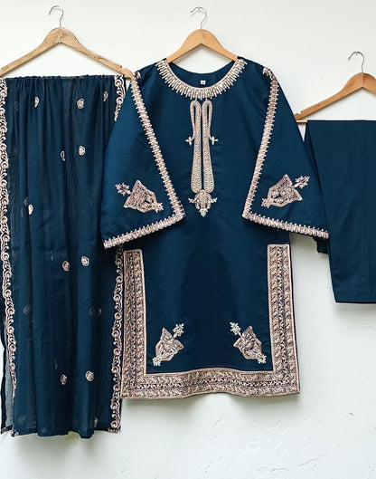Neck, Daman and Sleeves Embroidered Shirt with Embroidered Dupatta 3PCs