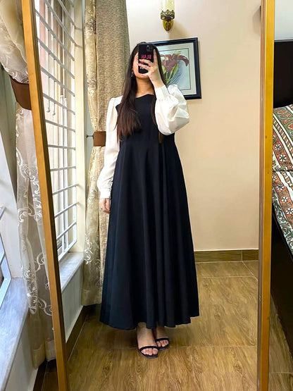 Platted Black Maxi with White Sleeves