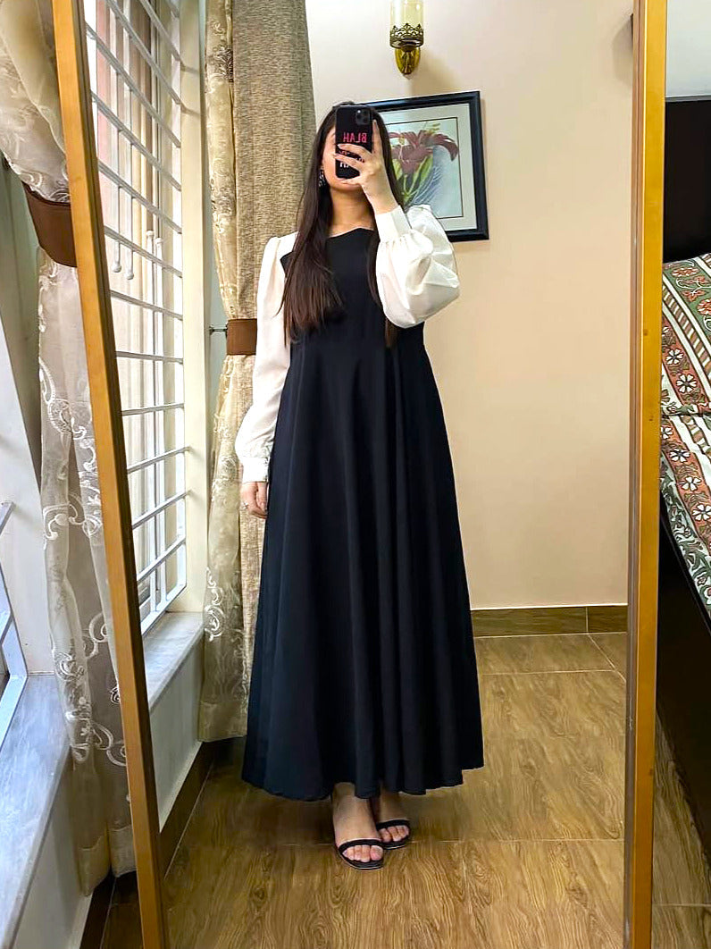 Platted Black Maxi with White Sleeves