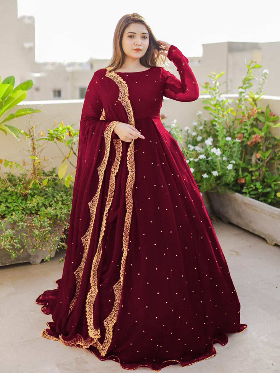 Pearls With Lace Work Long Flare Maxi with Embroidered and Pearls Dupatta and Trouser 3PCs