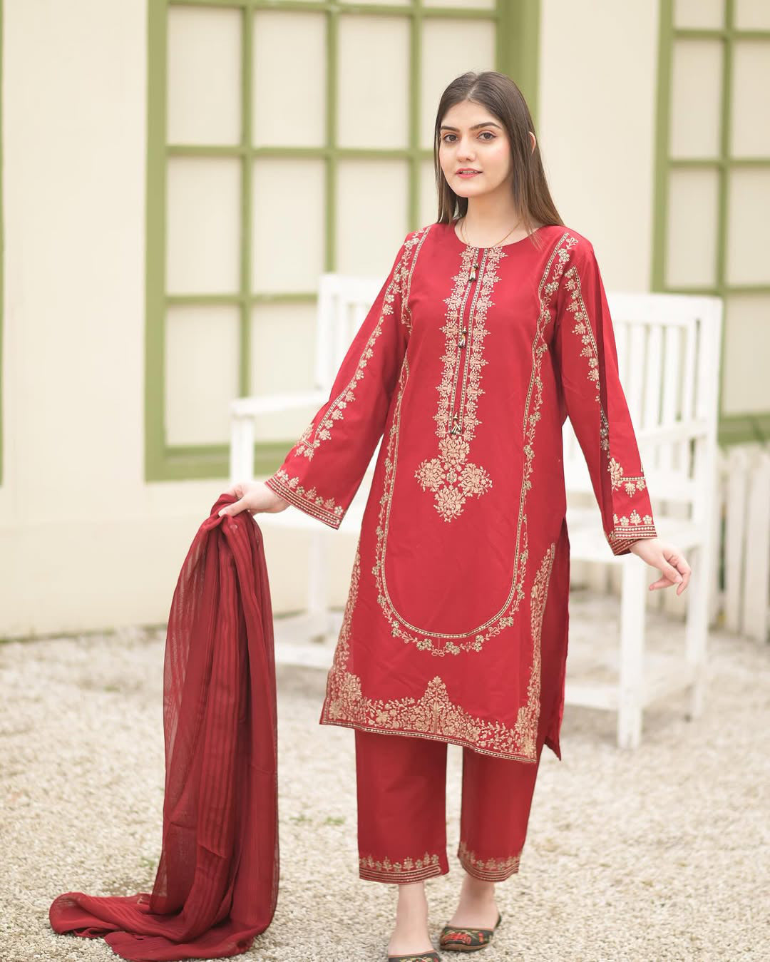 Sequence Embroidered on Shirt, Sleeves with Embroidered Trouser 3PCs