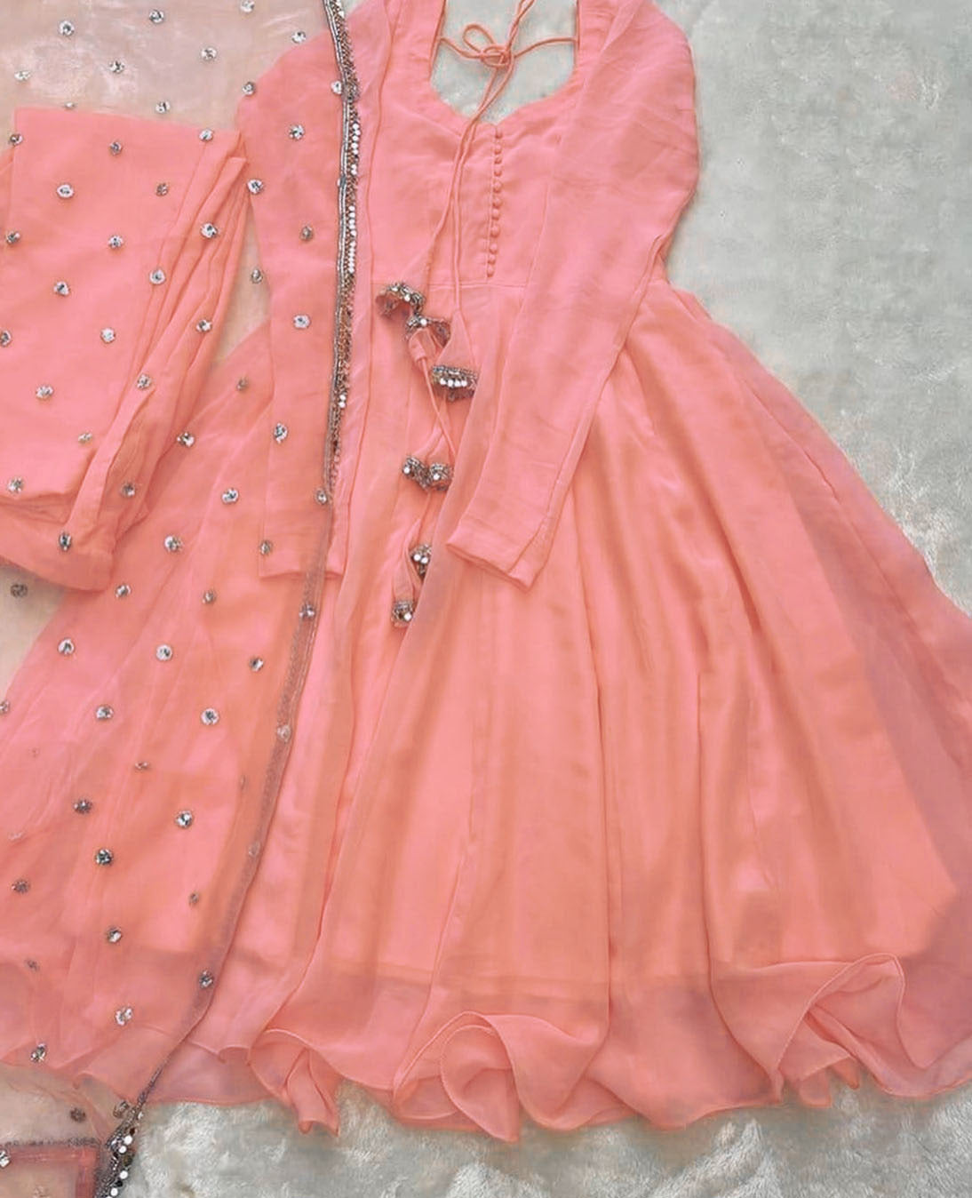 3pc V Neck Long Sleeves Maxi With Handwork And Lace Attached On Dupatta 3Pcs