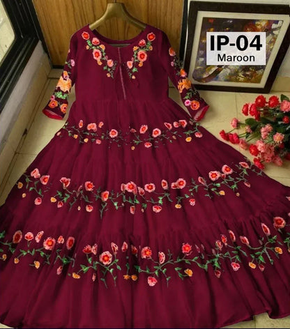 Stitched Party Wear Bell Embroidered Panel Style Long Frock 1-Piece