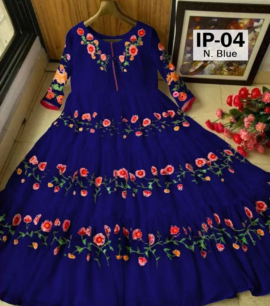 Stitched Party Wear Bell Embroidered Panel Style Long Frock 1-Piece