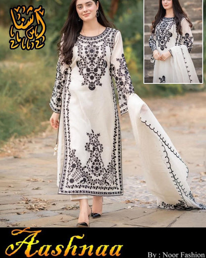 Neck,Sleeves,Daman Embroidered Shirt With Fully Embroidered Dupatta 3Pcs
