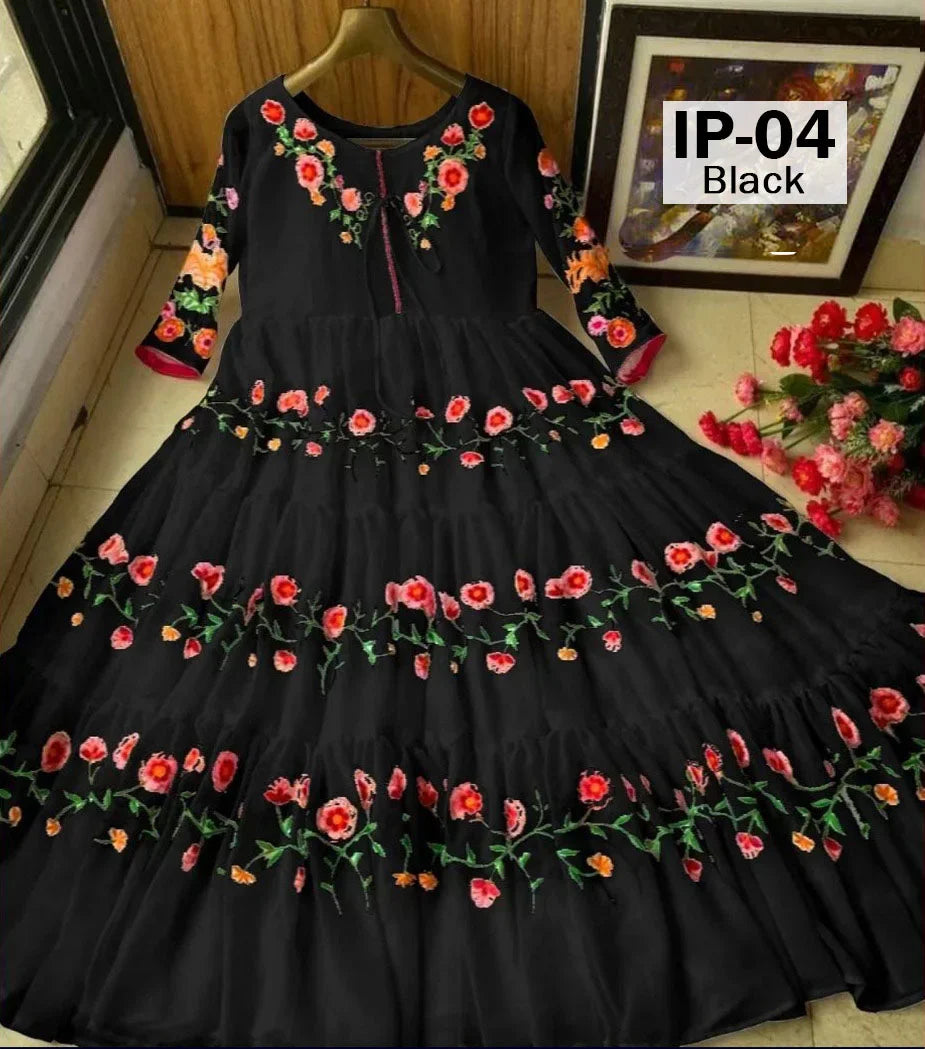 Stitched Party Wear Bell Embroidered Panel Style Long Frock 1-Piece