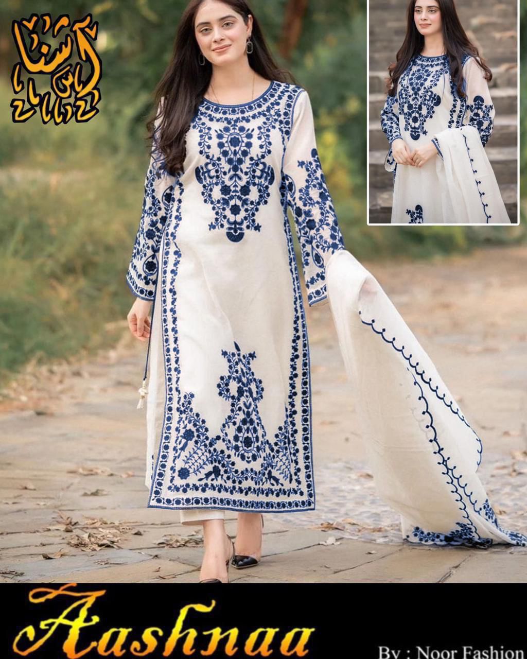 Neck,Sleeves,Daman Embroidered Shirt With Fully Embroidered Dupatta 3Pcs